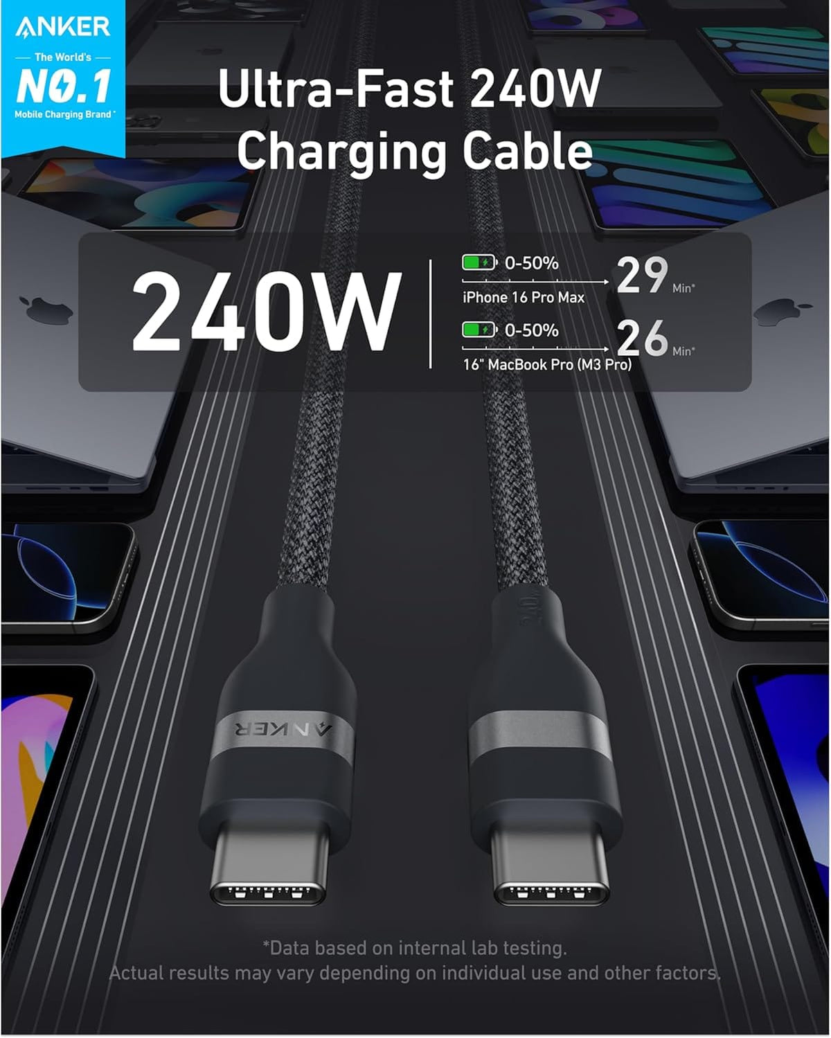 Anker USB-C to USB-C Cable (3 ft / 6 ft, 240W, Upcycled-Braided) - A-1 Thread Vault