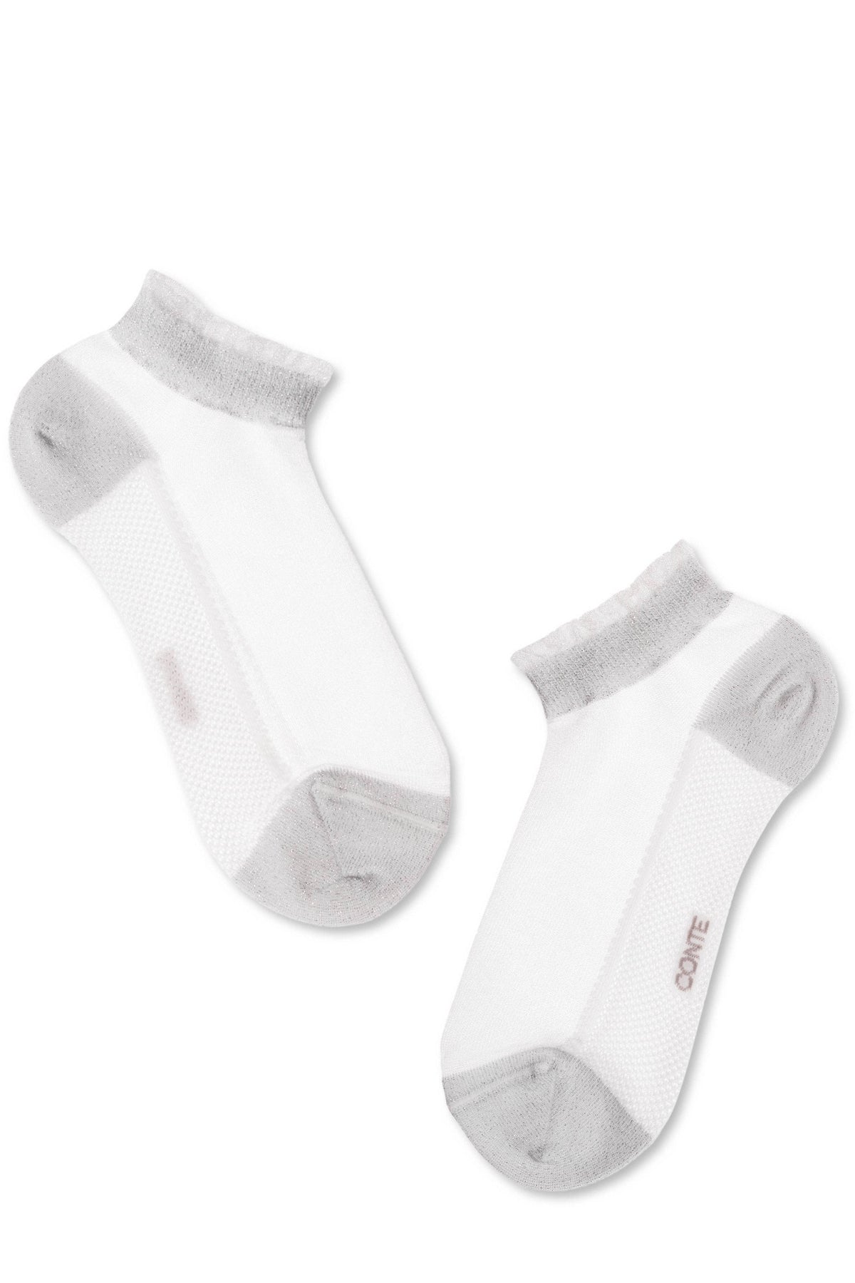 A pair of white ankle socks with grey accents on the heel, toe, and ribbed cuff, featuring the text "CONTE" printed on the side of one sock.
