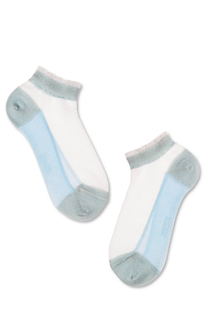 A pair of white ankle socks with grey accents on the heel and toe, featuring a textured light blue panel along the side.
