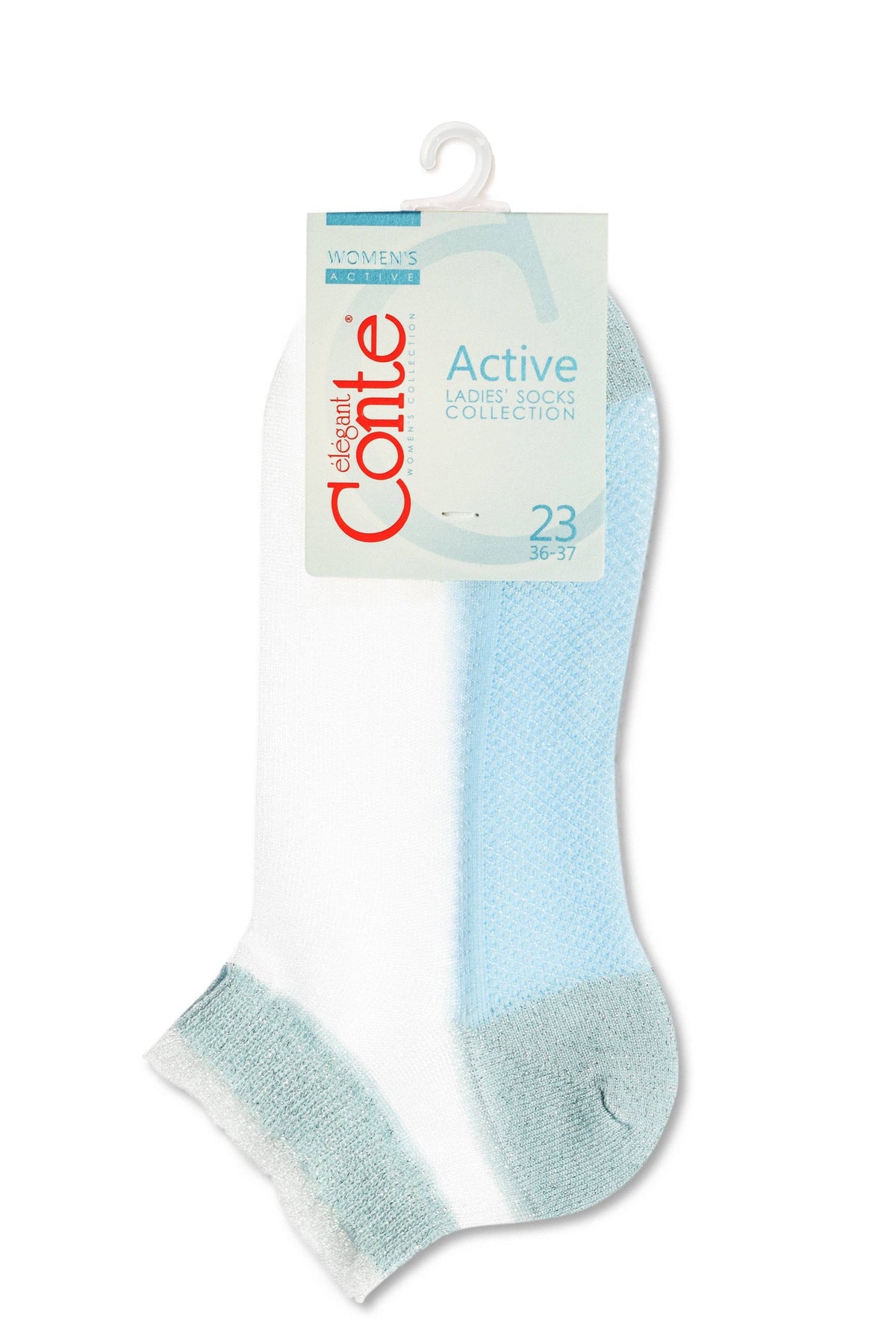 A pair of women's low-cut athletic socks with a white main section, a light blue textured upper heel and ankle trim, and a light green cuff and heel tip, attached to a product tag.