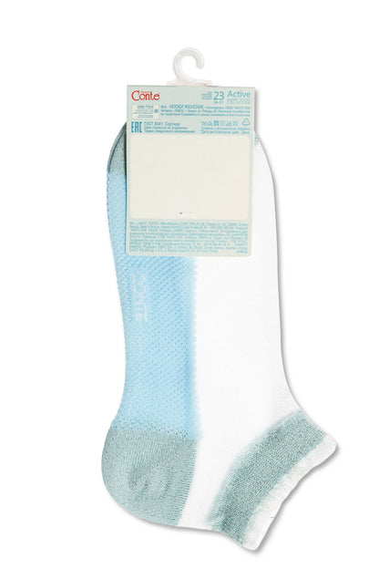 A white and light blue low-cut athletic sock displayed with a retail product tag attached to the top.