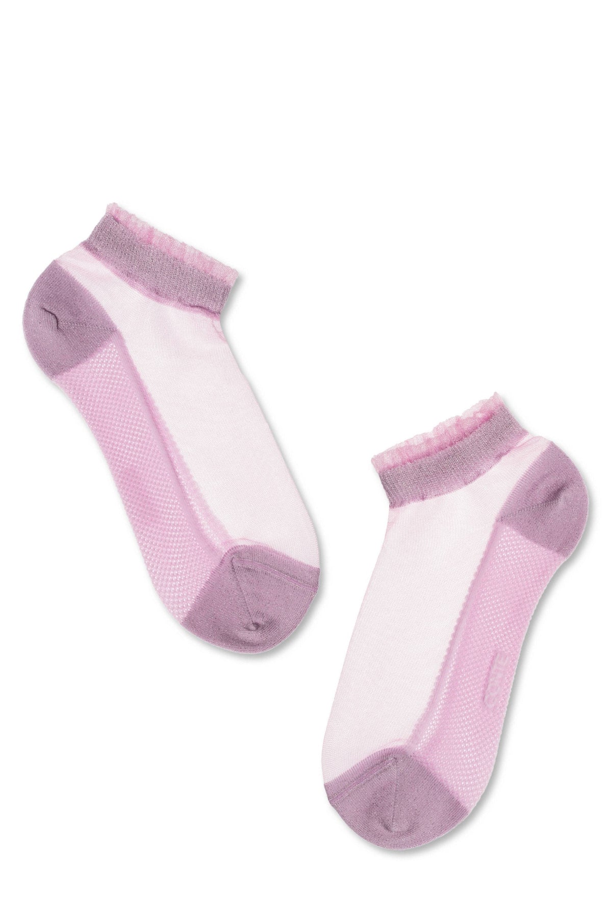 A pair of ankle socks featuring a pale pink sheer mesh design with solid purple toe, heel, and ruffled cuff detailing.