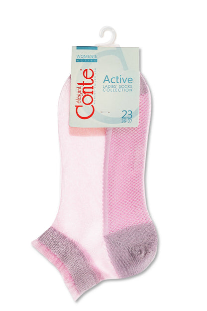 A pair of women's low-cut socks features a light pink front section and a textured, darker pink back section, with grey trim at the toe and heel, displayed on a product hanging tag.