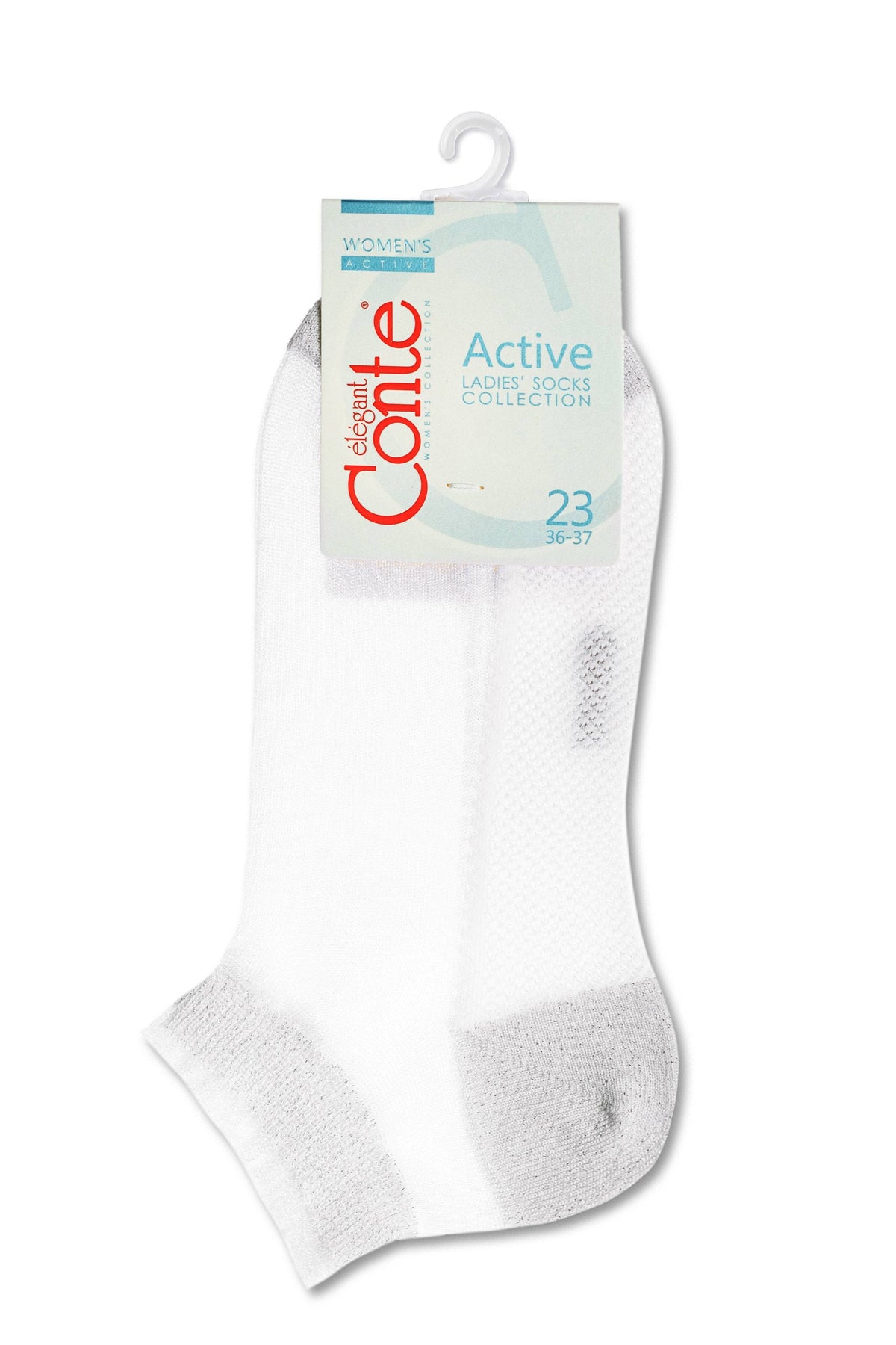 A pair of white ankle socks with grey accents on the toe and heel area, hanging from a branded product tag.