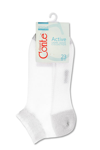 A pair of white ankle socks with grey accents on the toe and heel area, hanging from a branded product tag.