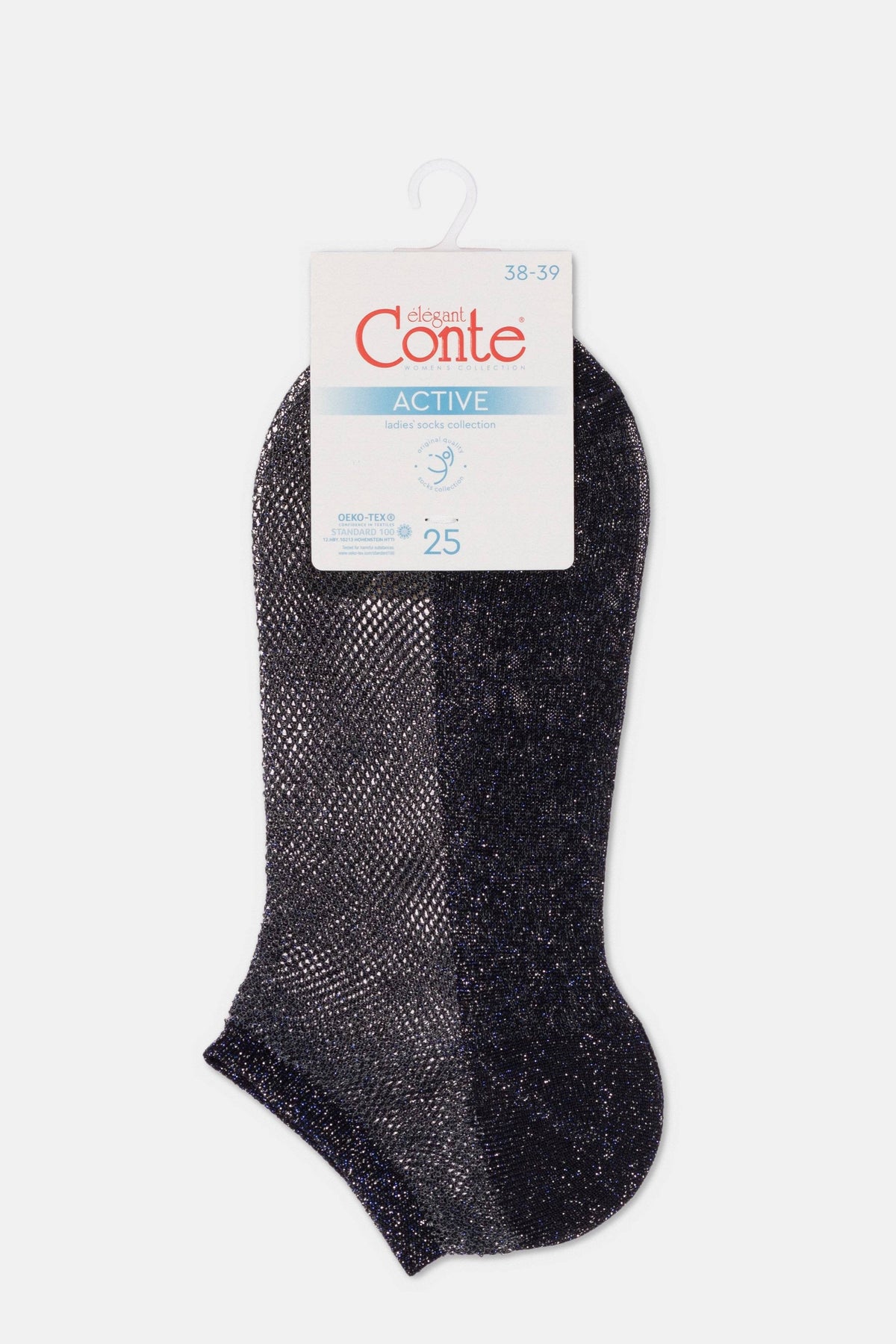 A single dark grey, glittery ankle sock featuring a fine mesh knit pattern hangs from a white paper product tag.