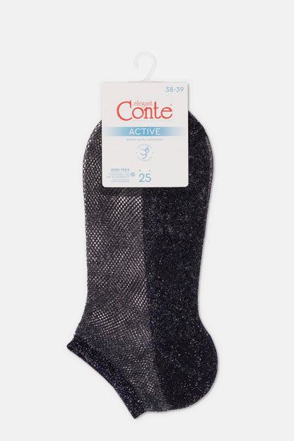 A single dark grey, glittery ankle sock featuring a fine mesh knit pattern hangs from a white paper product tag.