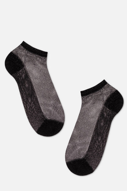 A pair of black ankle-length fishnet socks featuring a solid black toe and heel section against a plain light background.