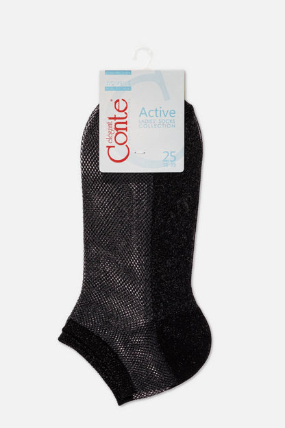 A pair of black glittery low-cut ankle socks with a fine mesh texture hanging from a branded product tag.