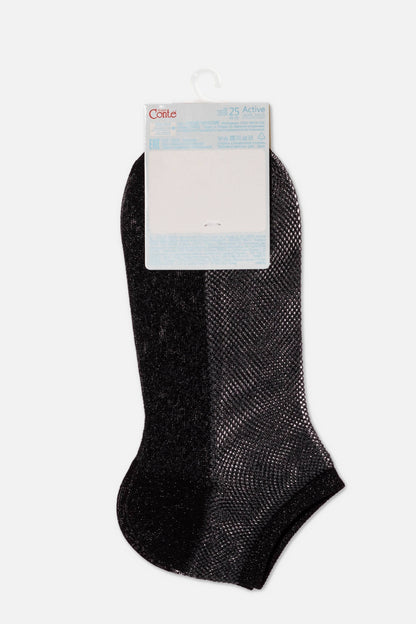 A pair of black ankle socks with a shimmering mesh texture attached to a branded card hanger.