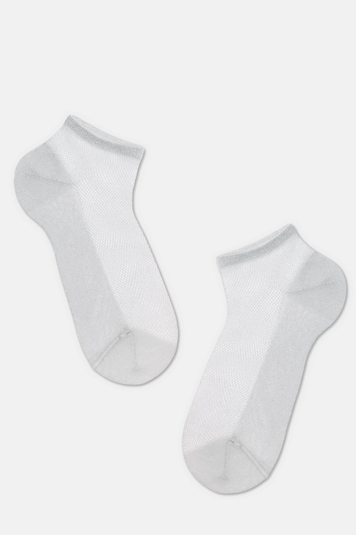 A pair of sheer, light grey ankle socks displayed against a plain background.