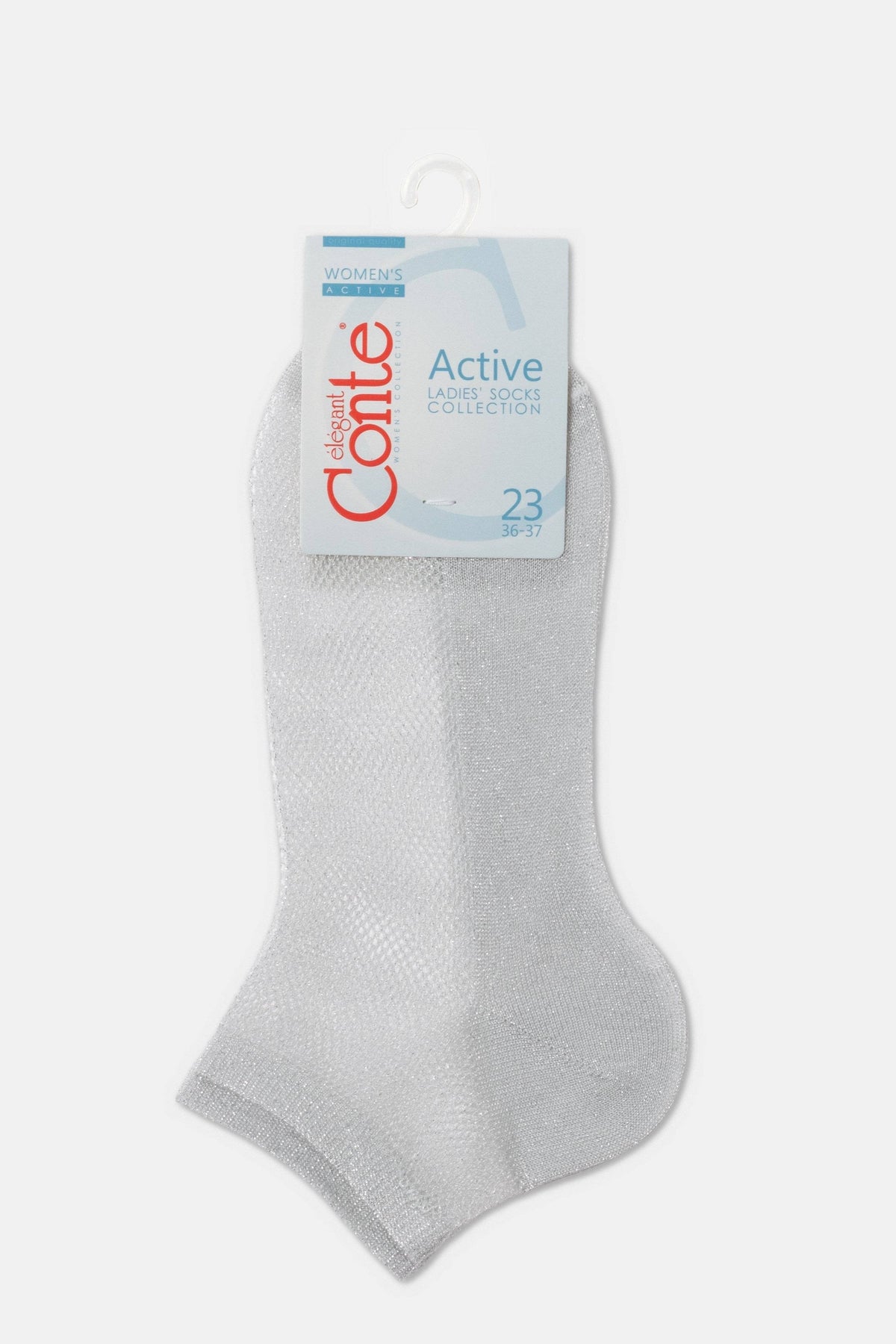 A pair of shiny silver ankle socks on a cardboard hanger with a light blue label.