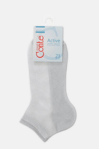 A pair of shiny silver ankle socks on a cardboard hanger with a light blue label.