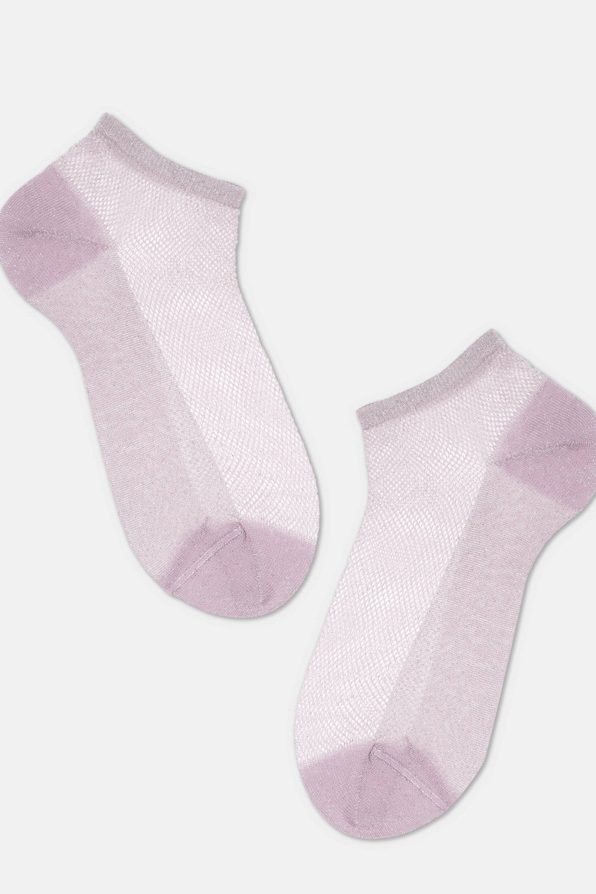 A pair of sheer, ankle-length socks in a soft lavender shade featuring an open, grid-like mesh pattern and solid-colored toes and heels.