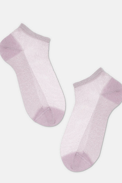 A pair of sheer, ankle-length socks in a soft lavender shade featuring an open, grid-like mesh pattern and solid-colored toes and heels.