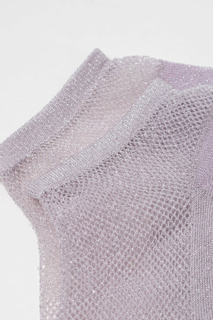A pair of shimmering lavender ankle socks featuring a fine, semi-sheer mesh knit texture.