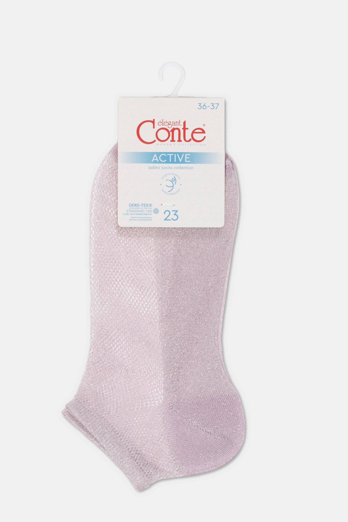 A pair of shimmering light purple ankle socks hangs from a white retail header card.