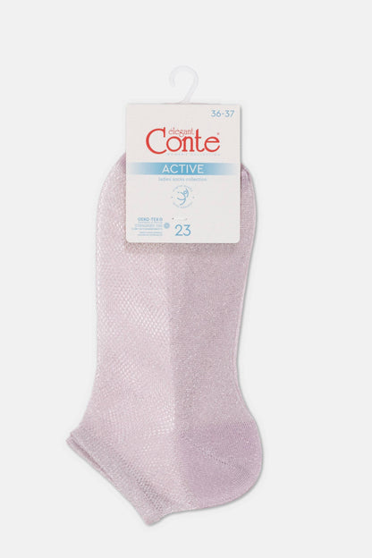 A pair of shimmering light purple ankle socks hangs from a white retail header card.