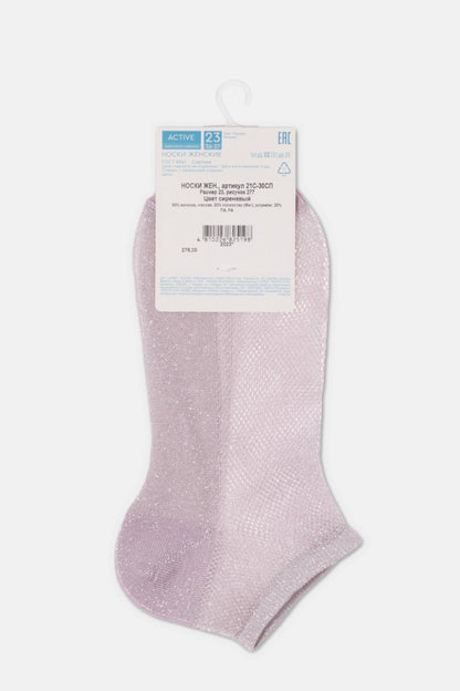 A pair of shimmering light purple ankle socks is displayed on a white cardboard hanger.