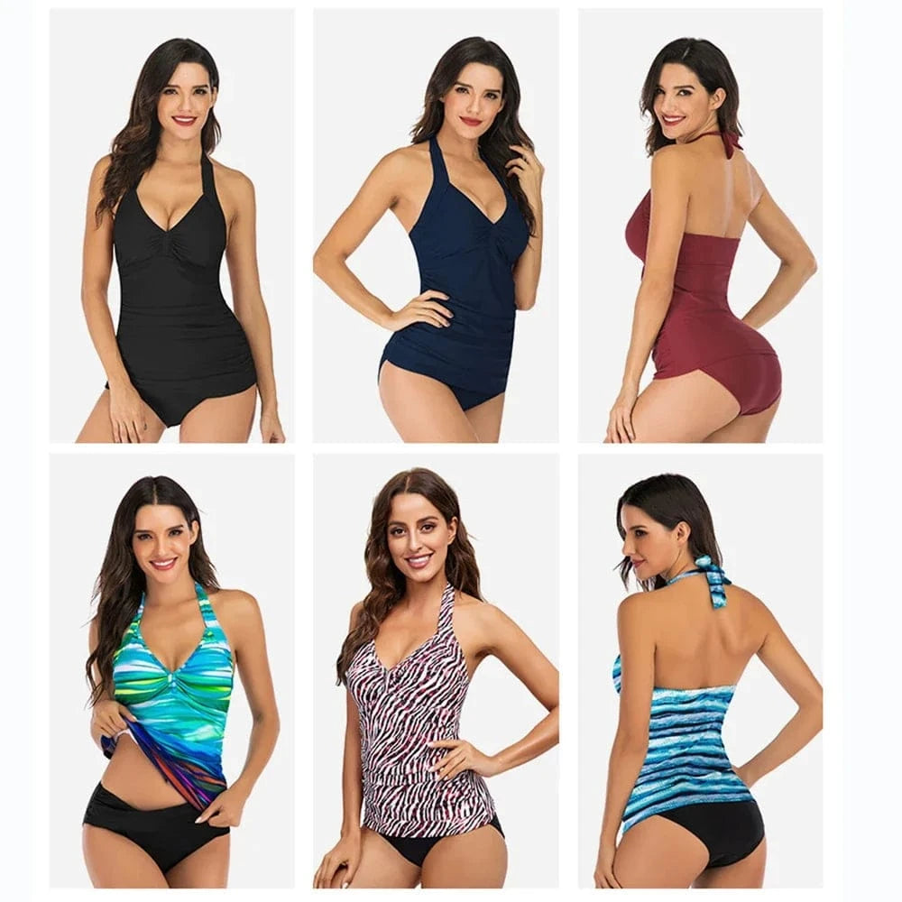 A collection of six women wearing various halter-style tankini swimsuits in solid colors and patterned designs against a white background.