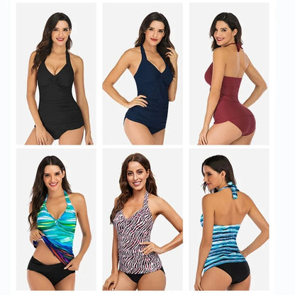 A collection of six women wearing various halter-style tankini swimsuits in solid colors and patterned designs against a white background.