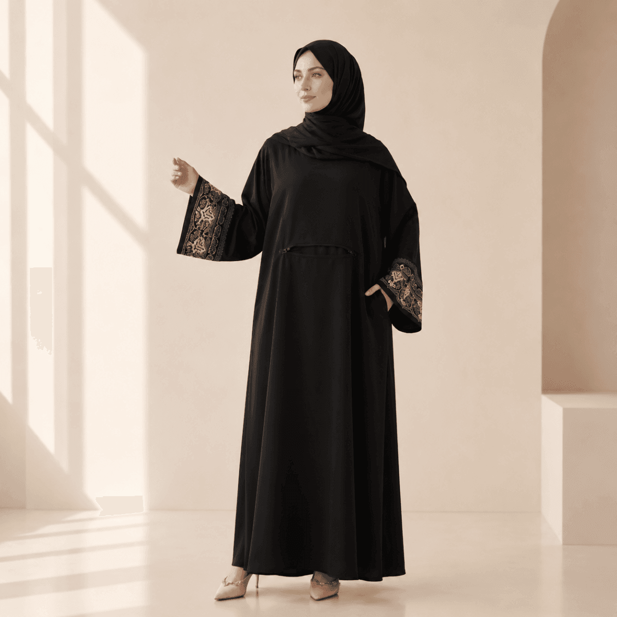 Archive Piece Embroidered Cuff Integrated Hijab Prayer Abaya - MP048 (Size Free Size Only) - A-1 Thread Vault