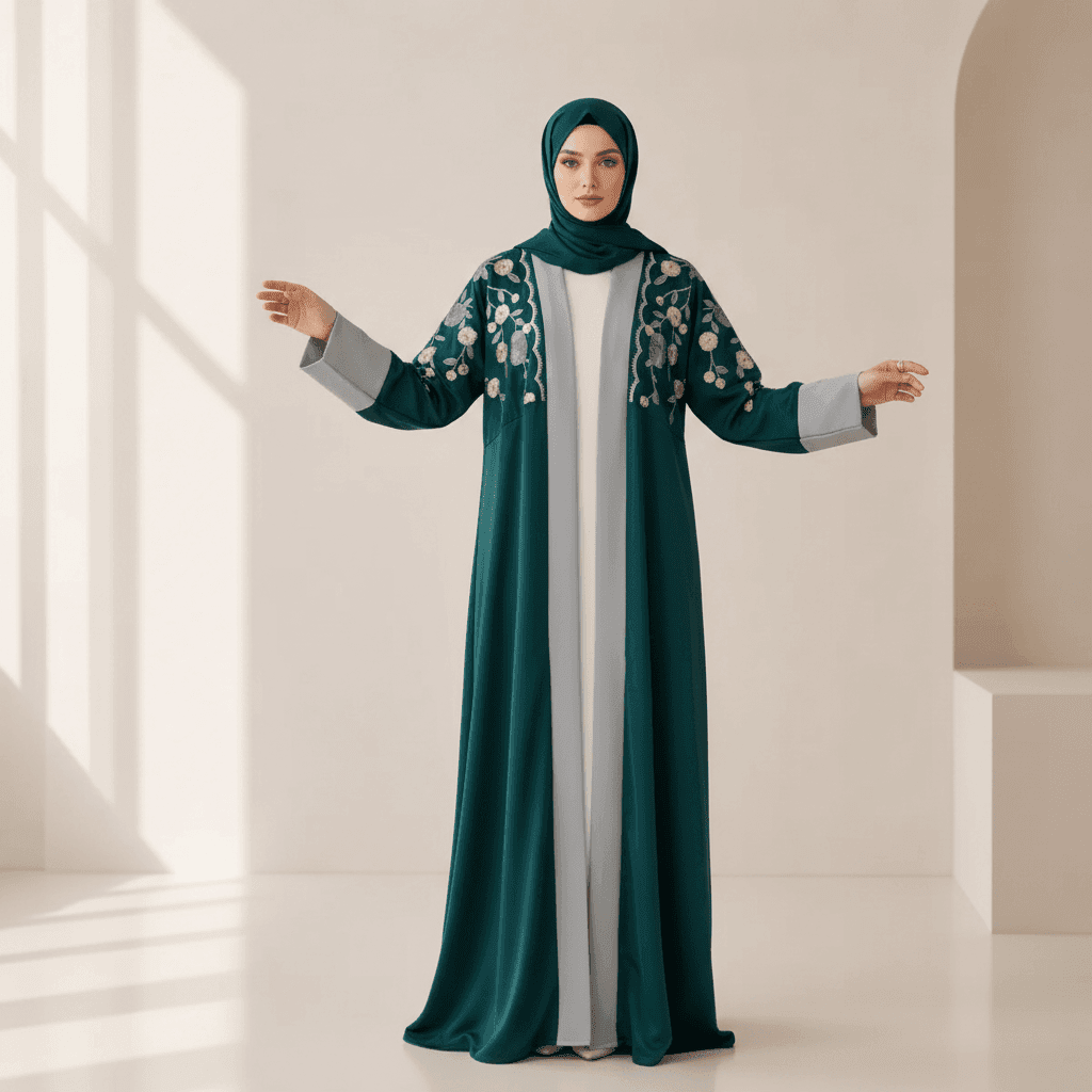 Archive Piece Floral Embroidered Colour-Block Open Abaya - MP054 (Size L Only) - A-1 Thread Vault