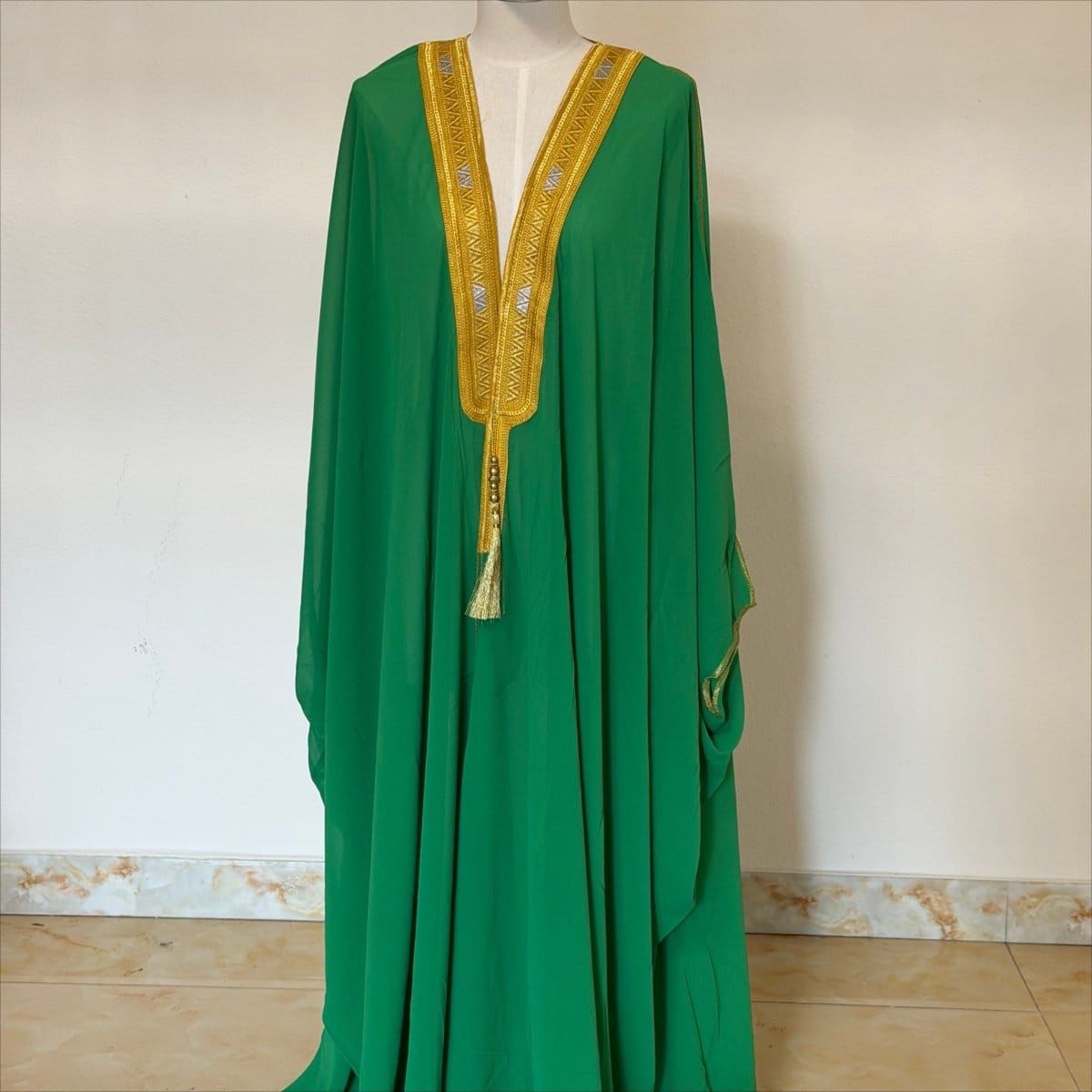 Archive Piece Gold Geometric Embroidered Tassel-Trim Open Kaftan - MP052 (Size XXL Only) - A-1 Thread Vault