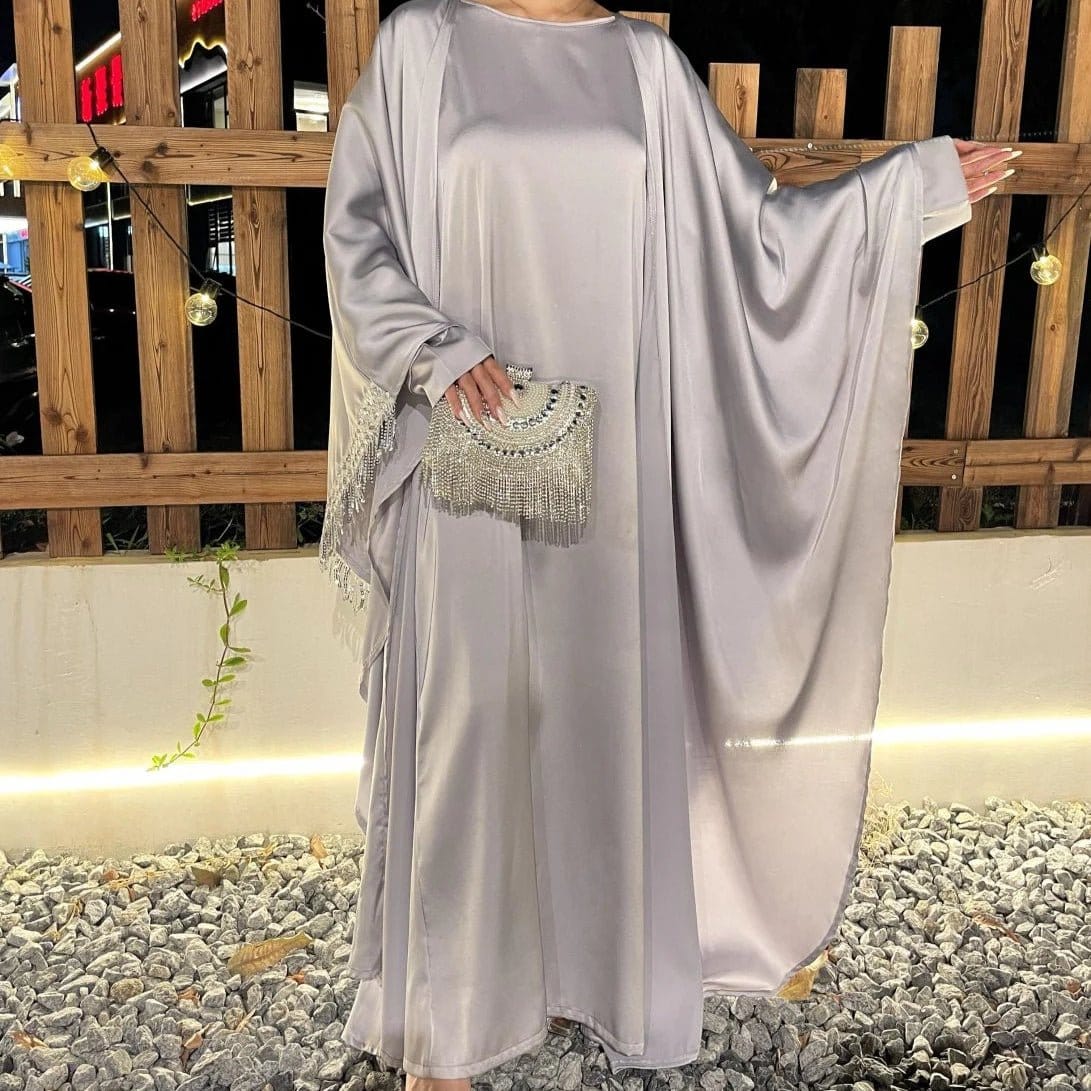 Archive Piece Lace Trimmed Fringed Butterfly Satin Open Abaya 2-Piece Set - MP041 (Size S Only) - A-1 Thread Vault
