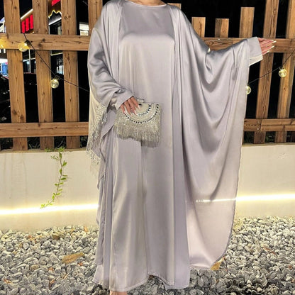 Archive Piece Lace Trimmed Fringed Butterfly Satin Open Abaya 2-Piece Set - MP041 (Size S Only) - A-1 Thread Vault