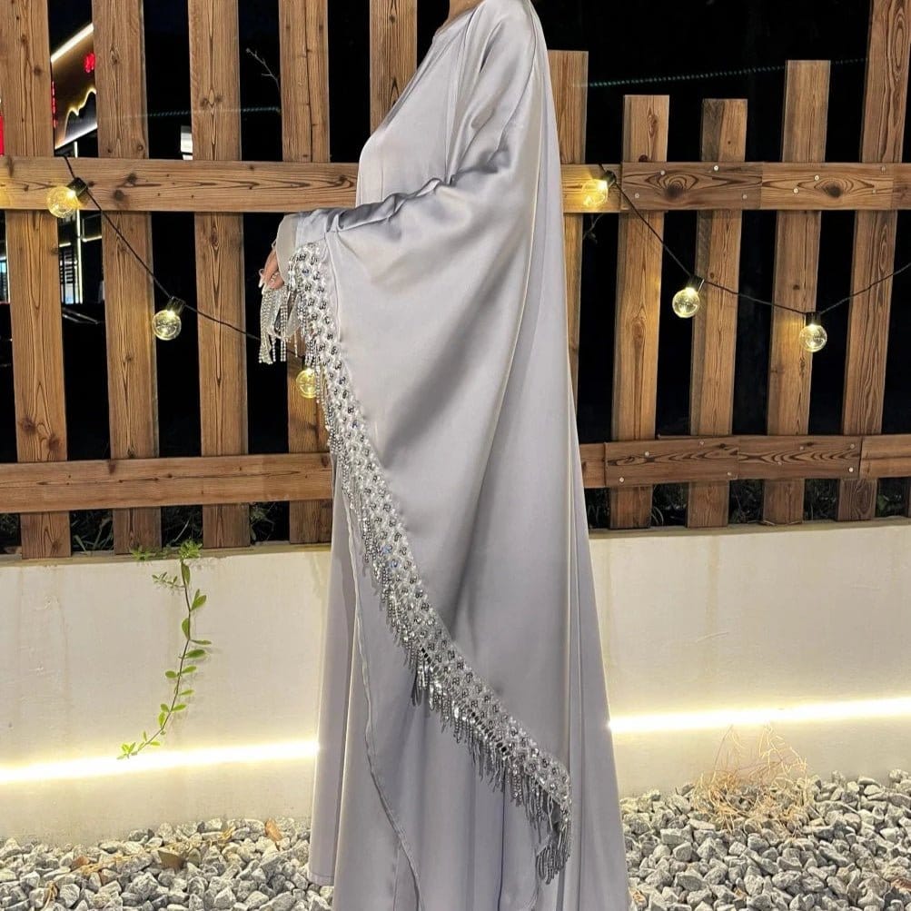 Archive Piece Lace Trimmed Fringed Butterfly Satin Open Abaya 2-Piece Set - MP041 (Size S Only) - A-1 Thread Vault