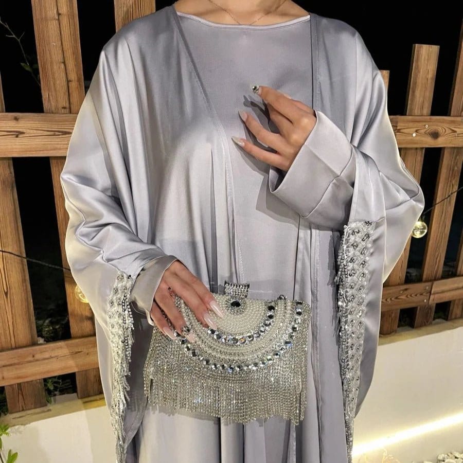 Archive Piece Lace Trimmed Fringed Butterfly Satin Open Abaya 2-Piece Set - MP041 (Size S Only) - A-1 Thread Vault