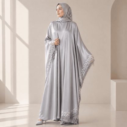 Archive Piece Lace Trimmed Fringed Butterfly Satin Open Abaya 2-Piece Set - MP041 (Size S Only) - A-1 Thread Vault