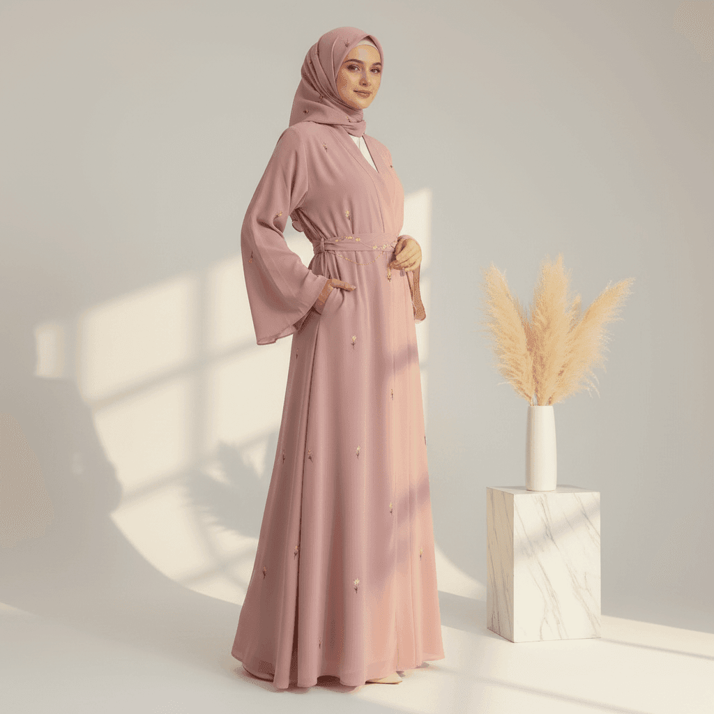 Archive Piece Tulip Embroidered Nida Abaya 4-Piece Set - MP024 (Size M Only) - A-1 Thread Vault