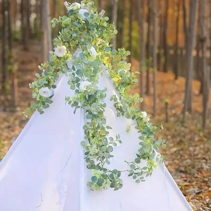 Artificial Eucalyptus Garland With Fake Roses & Gypsophila, Faux Floral Greenery - A-1 Thread Vault