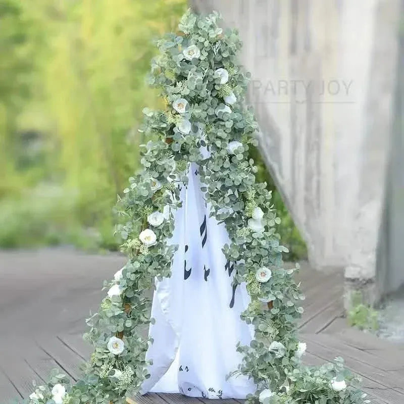 Artificial Eucalyptus Garland With Fake Roses & Gypsophila, Faux Floral Greenery - A-1 Thread Vault