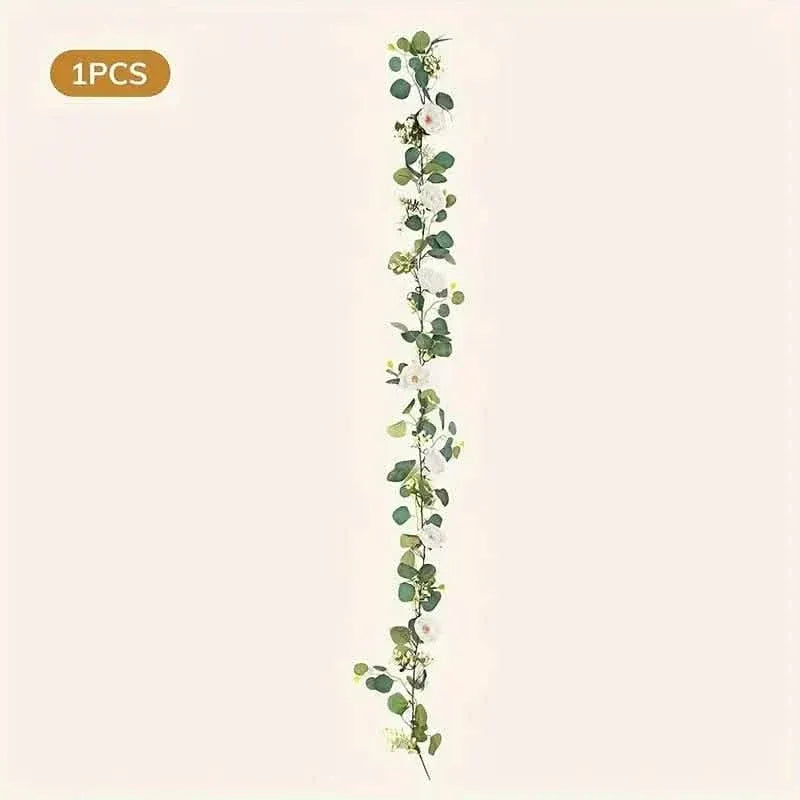 Artificial Eucalyptus Garland With Fake Roses & Gypsophila, Faux Floral Greenery - A-1 Thread Vault