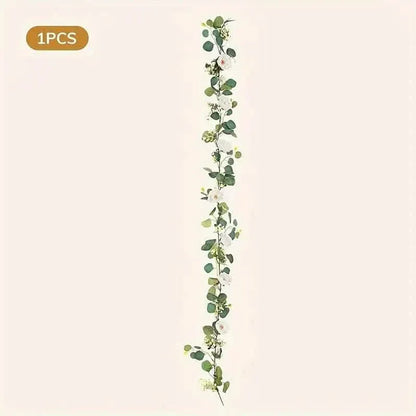 Artificial Eucalyptus Garland With Fake Roses & Gypsophila, Faux Floral Greenery - A-1 Thread Vault