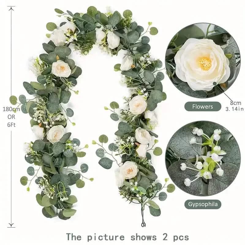 Artificial Eucalyptus Garland With Fake Roses & Gypsophila, Faux Floral Greenery - A-1 Thread Vault