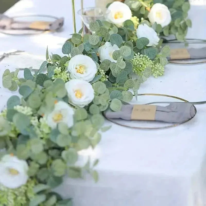 Artificial Eucalyptus Garland With Fake Roses & Gypsophila, Faux Floral Greenery - A-1 Thread Vault