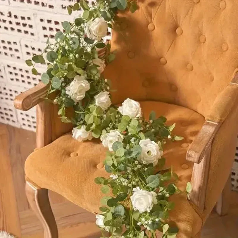 Artificial Eucalyptus Garland With Fake Roses & Gypsophila, Faux Floral Greenery - A-1 Thread Vault
