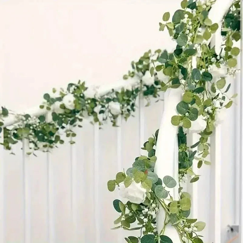 Artificial Eucalyptus Garland With Fake Roses & Gypsophila, Faux Floral Greenery - A-1 Thread Vault