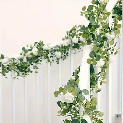 Artificial Eucalyptus Garland With Fake Roses & Gypsophila, Faux Floral Greenery - A-1 Thread Vault