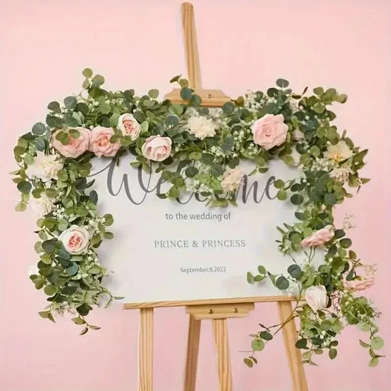 Artificial Eucalyptus Garland With Fake Roses & Gypsophila, Faux Floral Greenery - A-1 Thread Vault