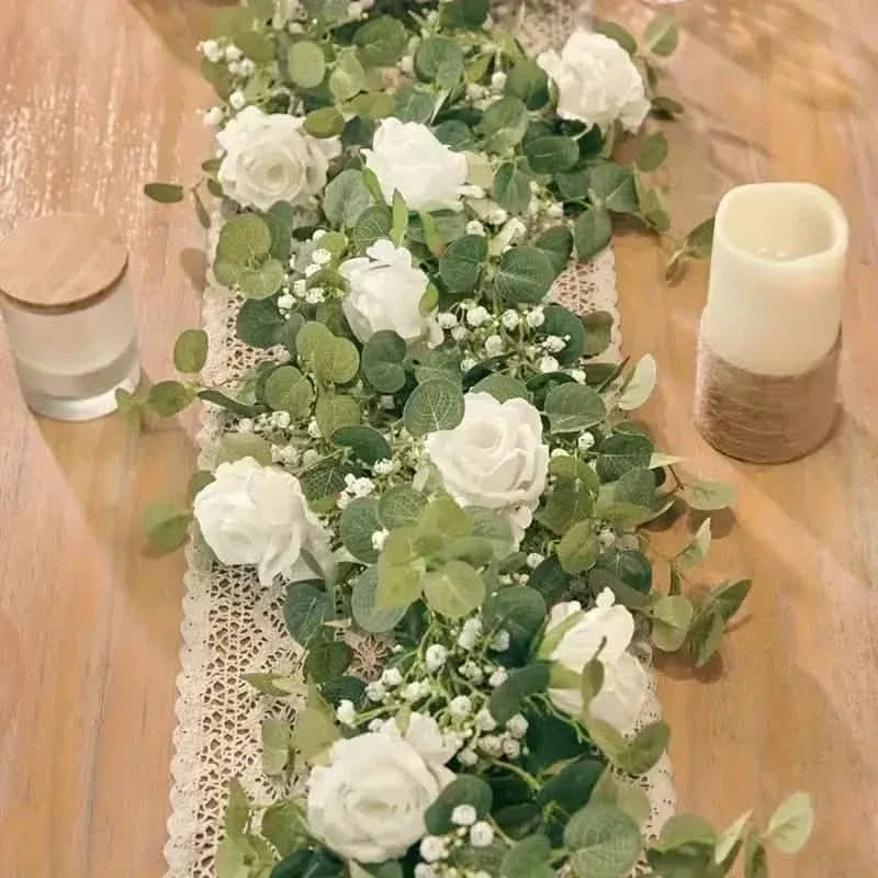 Artificial Eucalyptus Garland With Fake Roses & Gypsophila, Faux Floral Greenery - A-1 Thread Vault