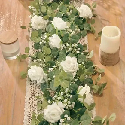Artificial Eucalyptus Garland With Fake Roses & Gypsophila, Faux Floral Greenery - A-1 Thread Vault