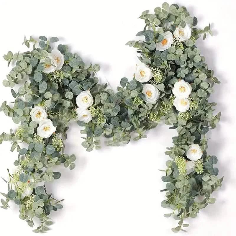 Artificial Eucalyptus Garland With Fake Roses & Gypsophila, Faux Floral Greenery - A-1 Thread Vault