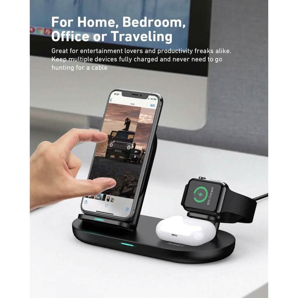 AUKEY 3-in-1 Wireless Charger Black - A-1 Thread Vault
