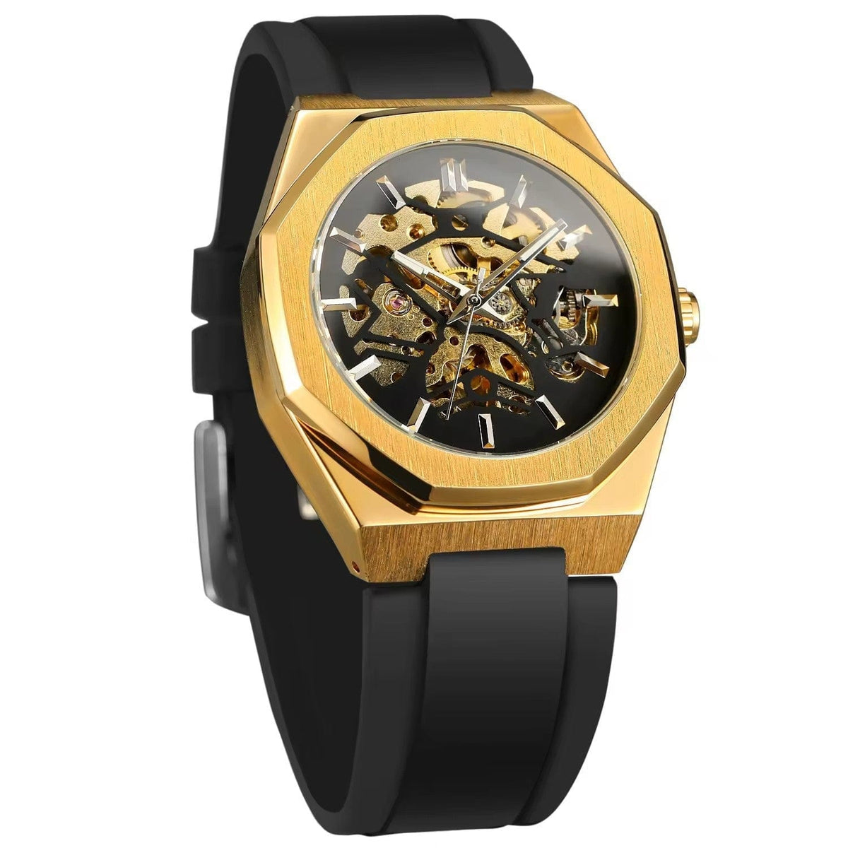A skeleton watch featuring a gold-toned octagonal case with a black inner dial and a black silicone strap.