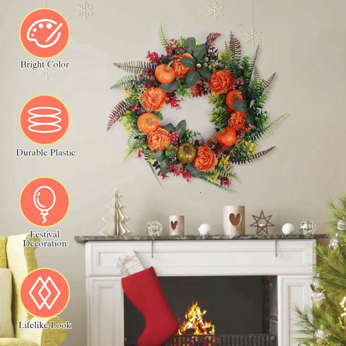 Autumn Wreath with Pumpkin Mixed Leaves Berries Flower Fall - A-1 Thread Vault